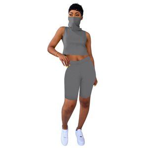 K018 Gray Cropped Top Ear Loop High Waist Capri